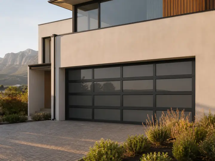 Modern metallic garage door with horizontal panel design